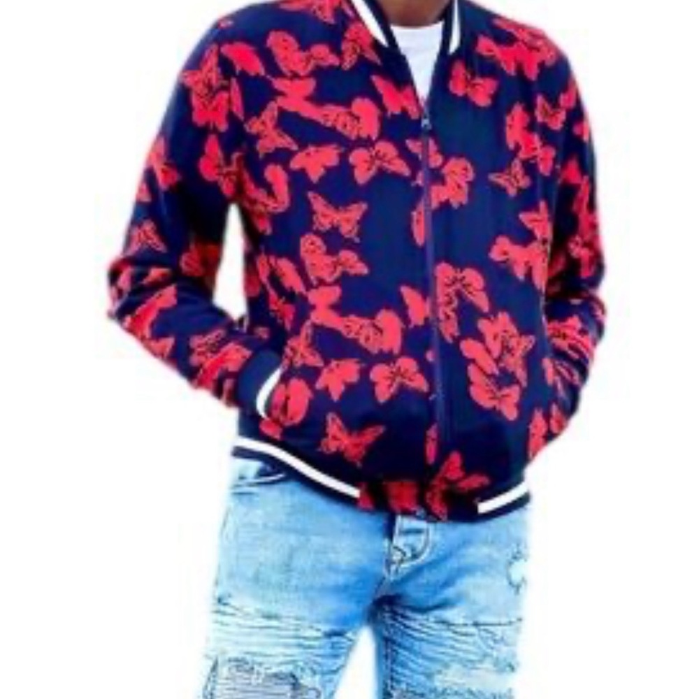 Blue and Red Camouflage Varsity Bomber Jacket